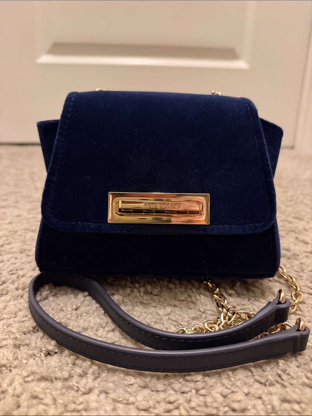 Zac Posen Navy Velvet Crossbody with Gold Plate